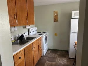 Compact kitchen with wooden cabinets, stove, sink, and refrigerator in Meeteetse, Wyoming.